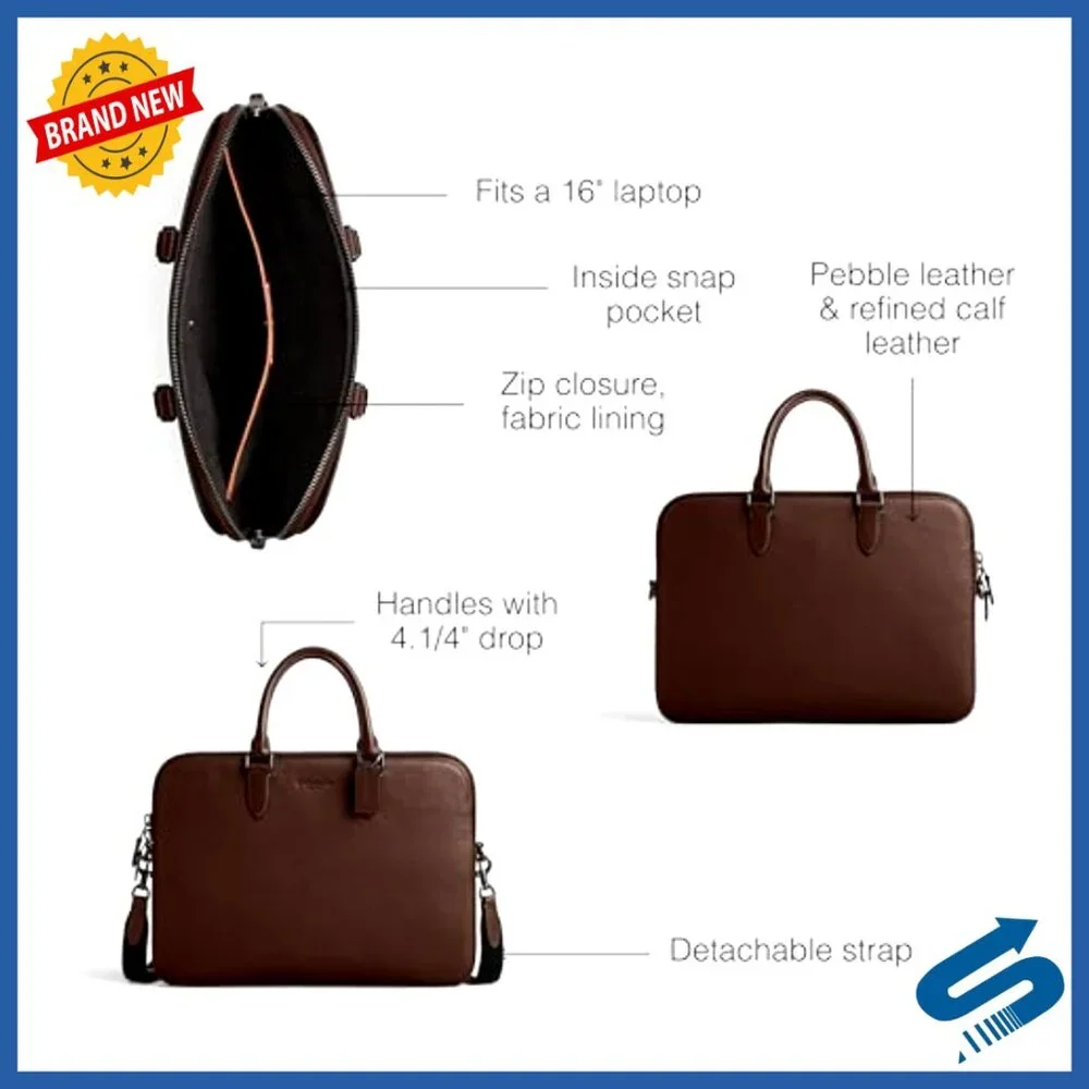 Leather Slim Briefcase Fits 16 Inch Laptop Detachable Strap Business Bag